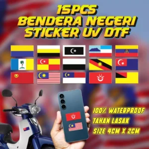 Sticker UV DTF Bendera Negeri-negeri Malaysia 15pcs Glossy Finishing Waterproof