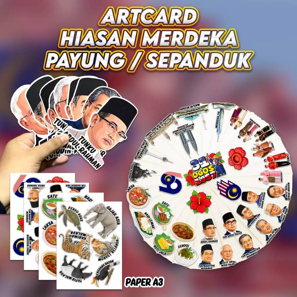 my-11134207-820lc-mp7s3j4i7bij7c SET KAD Artcard 350gsm Hiasan Merdeka Bangunan, Makanan, PM Malaysia untuk Payung / Sepanduk (Siap Potong)
